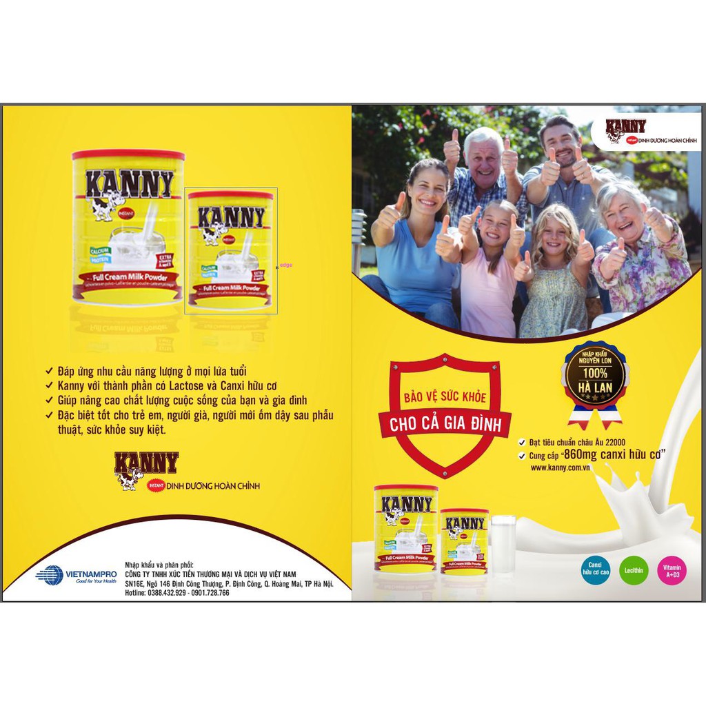 SỮA BỘT NGUYÊN KEM KANNY, lon thiếc 900g.