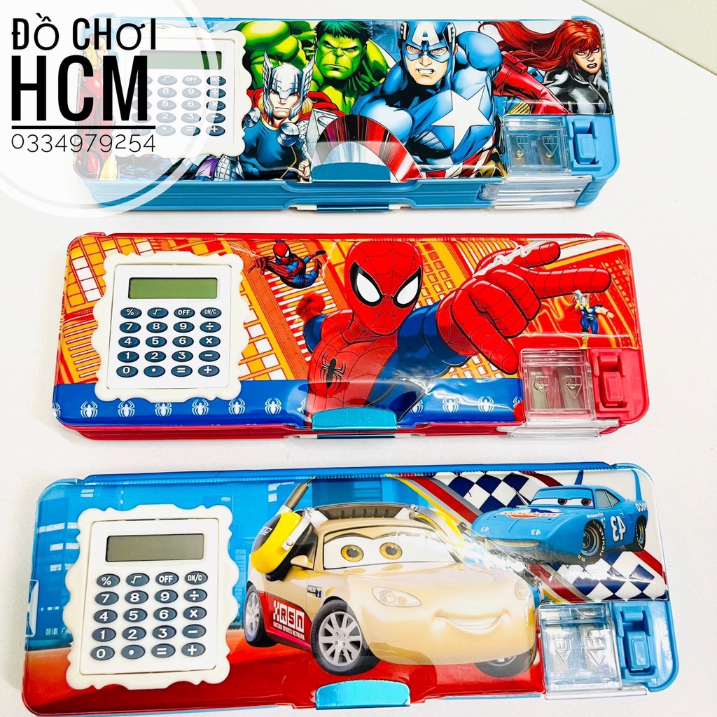 Hộp bút hai ngăn có đồ chuốt, máy tính nhỏ gắn liền cho bé đựng viết/thước hình elsa/spider man/doremon