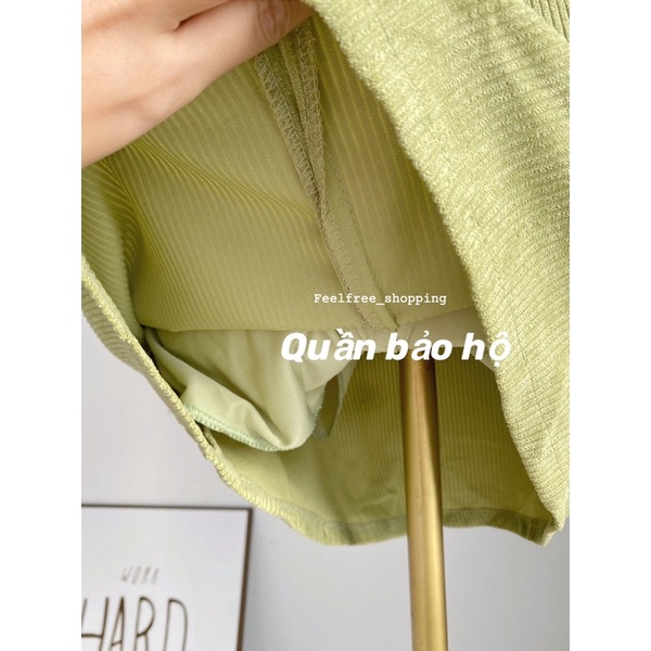 Set 3 Món 2 Áo+ Chân Váy Xanh Lá Chất Nhung Gân Chân Váy Kèm Quần Bảo Hộ (Hình Thật)