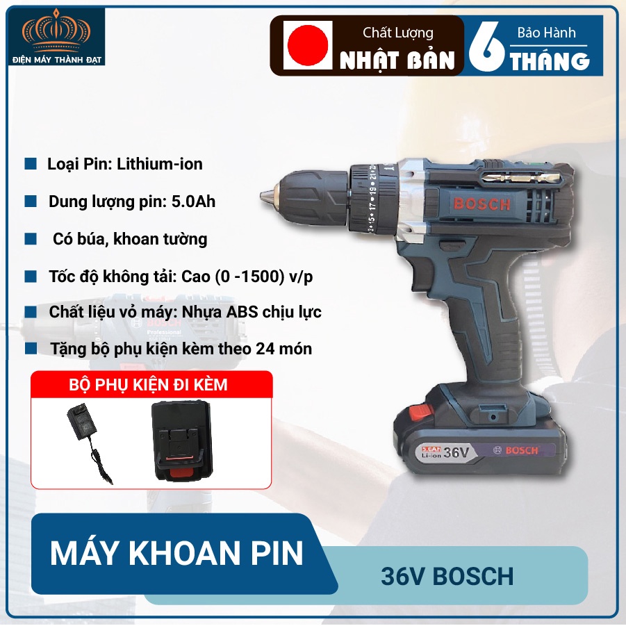 Máy Khoan Pin Cầm Tay BOSH Nhỏ Gọn Với Lực Khoan Mạnh Mẽ Pin Nguồn 36V