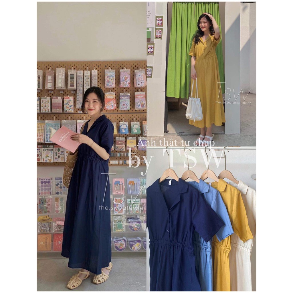 [Mã SKAMA06 giảm 8% tối đa 50K đơn 250K] Váy sơ mi cổ bẻ dáng xoè dài chất thô (Ảnh thật)