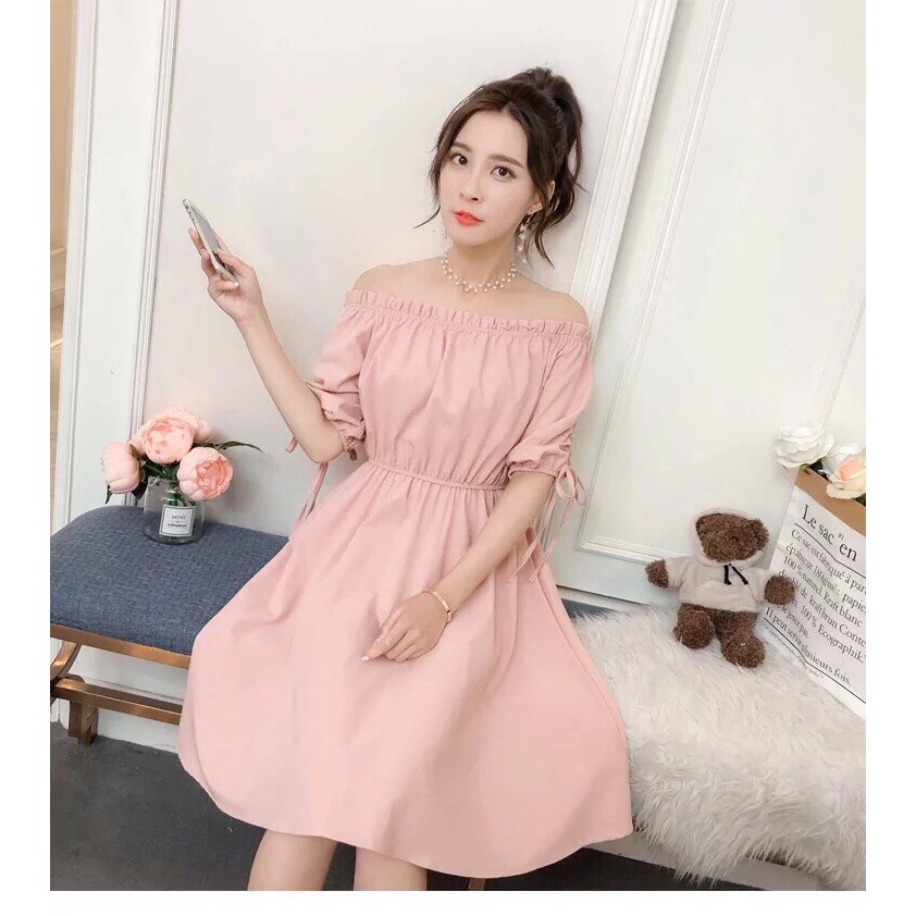 Đầm Voan Rới Vai Phối Dây Rút & Thắc Nơ Tay Kèm Bo Eo Duyên Dáng TTS0576