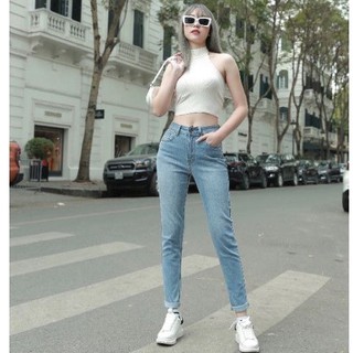 Quần jean boy nữ cạp cao, quần bò nữ cạp qua rốn co giãn vnxk