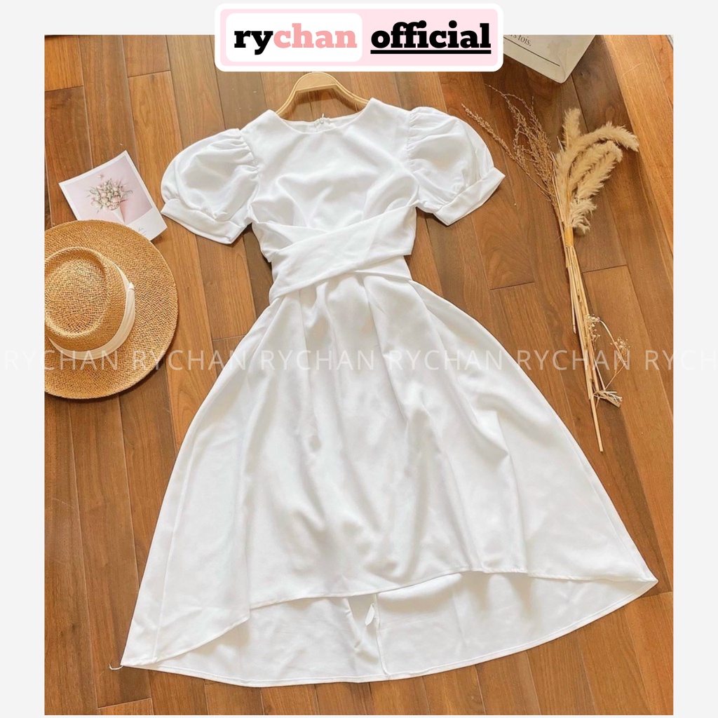 Đầm Xòe Midi Trắng Tay Phồng Nơ Lưng Lệch Tà Lót Trong Dày Dặn [Ảnh Thật Cuối] - DX0077