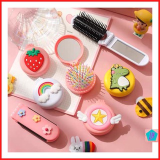 Gương lược gấp mini ⚡FREESHIP ⚡cầm tay tròn họa tiết trái cây
