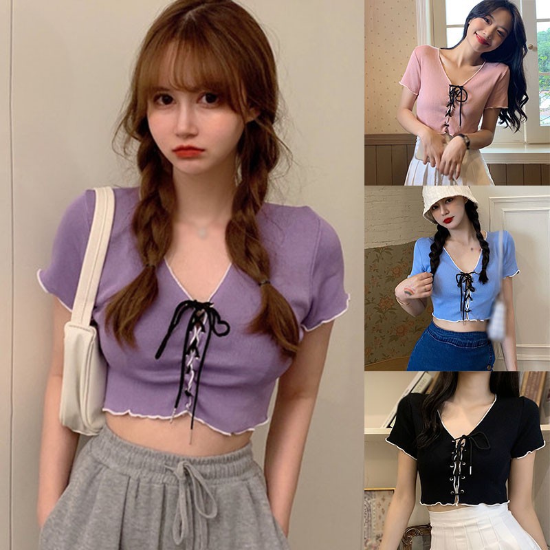 Áo dệt kim dáng ngắn eo cao tay ngắn cổ chữ V phối dây buộc trẻ trung cho nữ | BigBuy360 - bigbuy360.vn