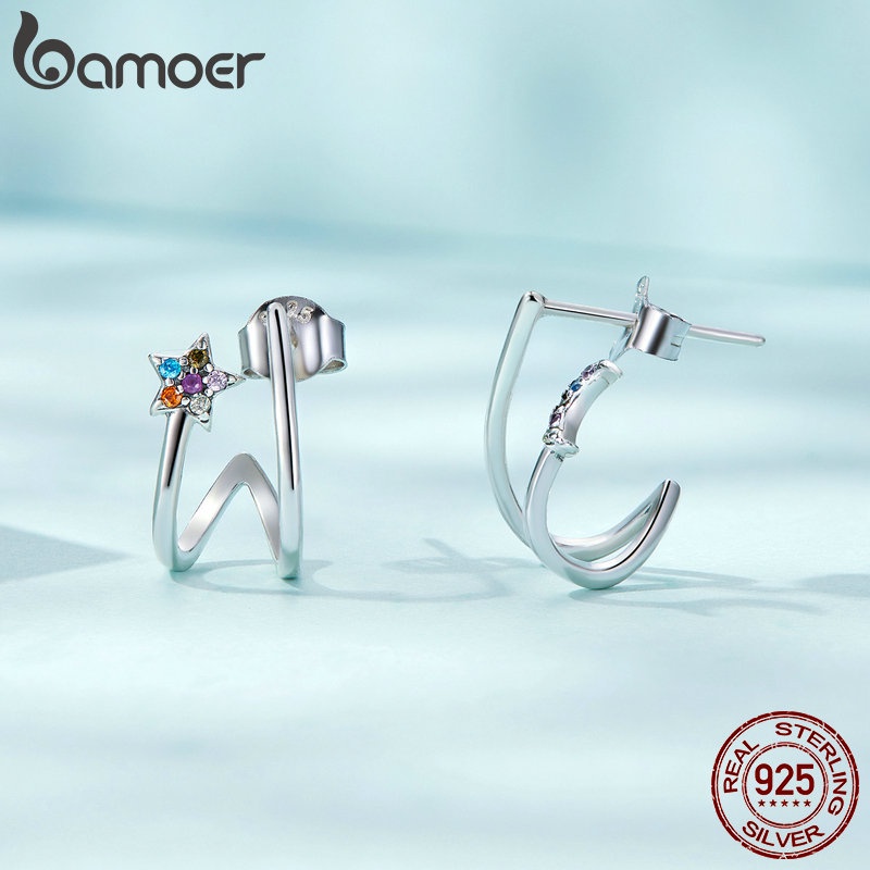 Bông tai BAMOER bạc 925 phối hình mặt trăng ngôi sao thời trang