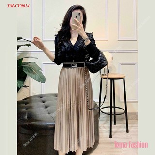 Chân váy xếp ly dáng dài nữ TEMA - Chân váy dài dạ kẻ đai chun kèm chữ