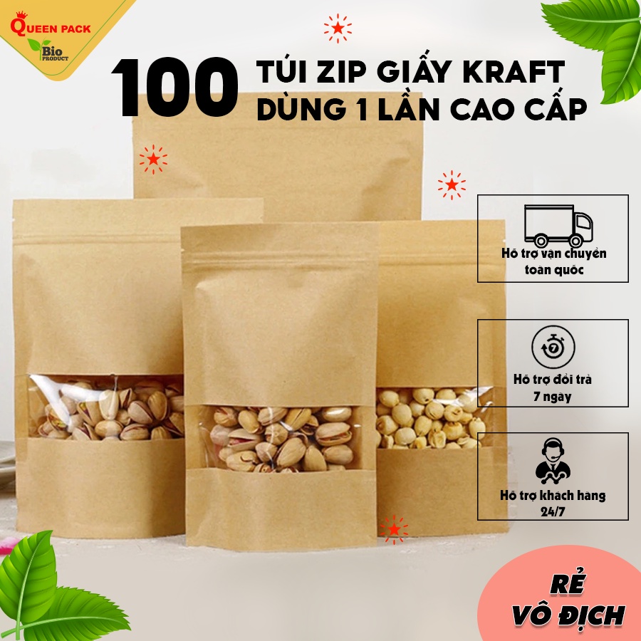Sỉ 100 túi ZIP Giấy Màu Nâu (Túi zip kraft) Dùng 1 Lần, Hàng đẹp cao cấp.