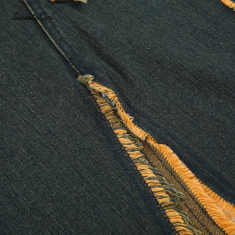 Chân Váy Maxi Denim Lưng Thấp Phối Màu Tương Phản Thời Trang 2022 Cho Nữ