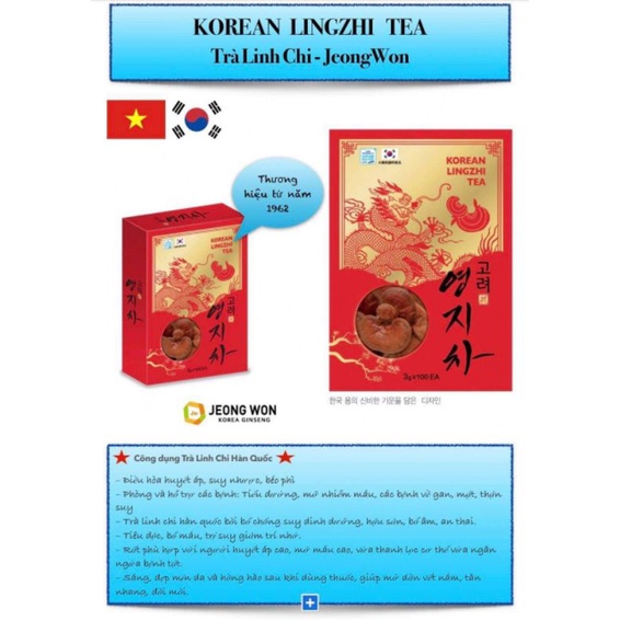 Trà linh chi korean lingzhi tea Hàn Quốc (100 gói - hsd 5/2023)