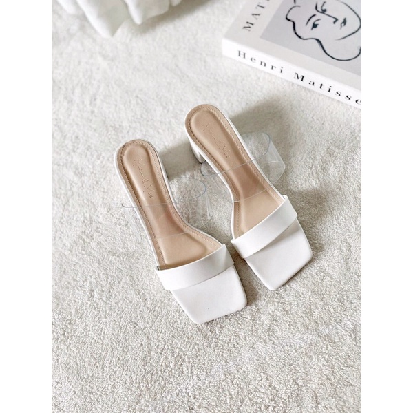 Dép cao gót quai mảnh da lì phối quai trong gót vuông 7cm