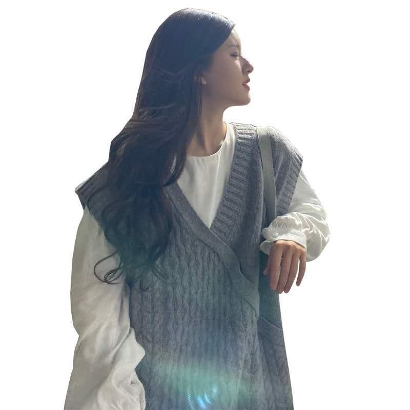 Set áo sơ mi tay dài + áo len không tay thời trang cho nữ | BigBuy360 - bigbuy360.vn