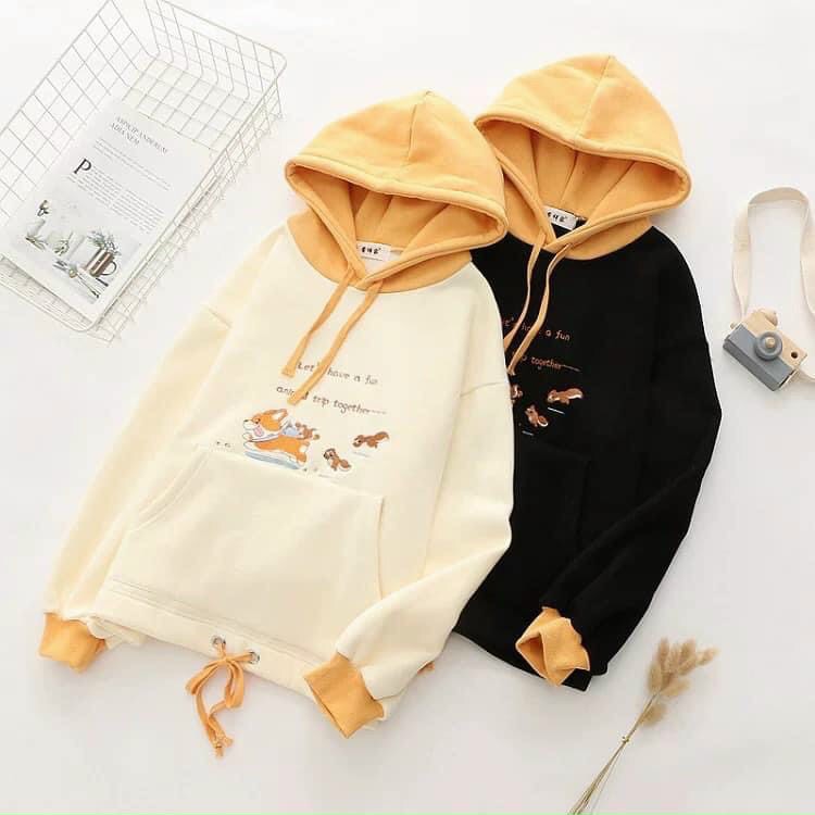 Áo khoác, áo hoodie unisex nam nữ nỉ ngoại chó và sóc có túi dễ thương năng động thời trang học đường