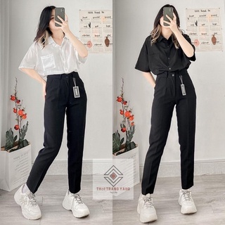 Quần tây đi học nữ lưng cao dáng baggy dài ống đứng bigsize màu xanh đen - Quần vải nữ học sinh cấp 3 2 cạp cao công sở