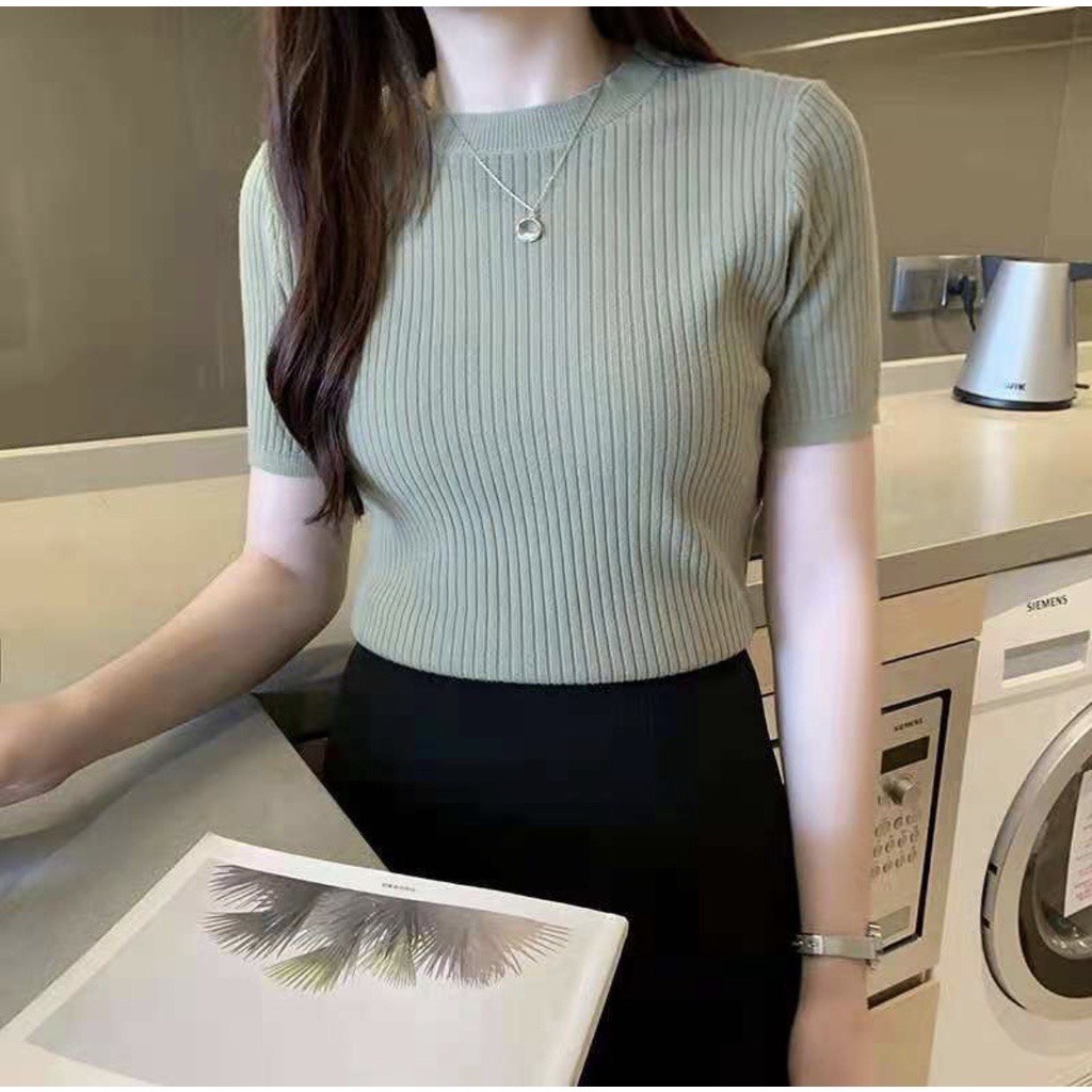 Áo len tăm đũa dáng ôm cộc tay cổ tròn basic