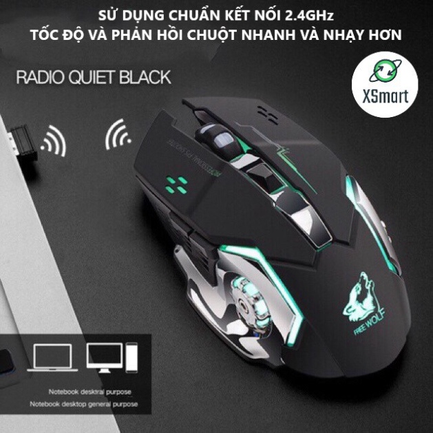 Chuột Không Dây Gaming Wolf X8 LED 7 Màu RGB, Pin Có Thể Sạc Dùng Cực Lâu, Chuột Chơi Game Không Dây