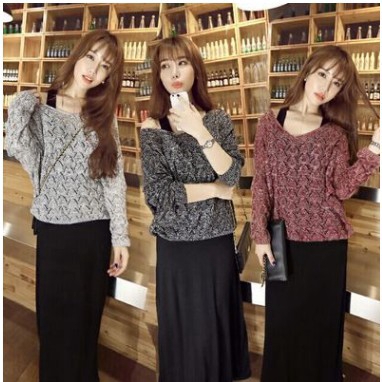 Set áo len và đầm dài phong cách Hàn Quốc trẻ trung dành cho nữ đầm rộng đầm tay dài váy suông đầm chấm bi đầm boho