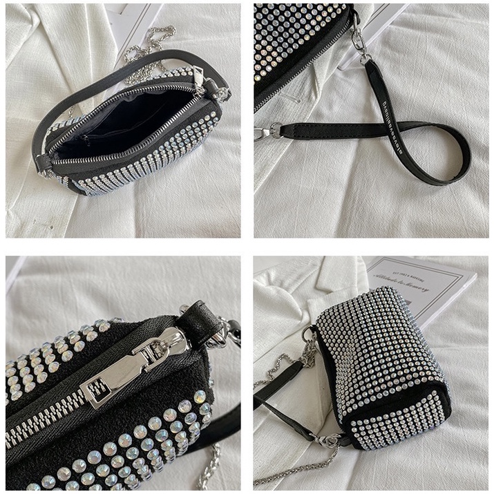 Túi đeo chéo dây xích, túi xách tay nữ mini dạng hộp vuông đính đá một ngăn kéo khóa