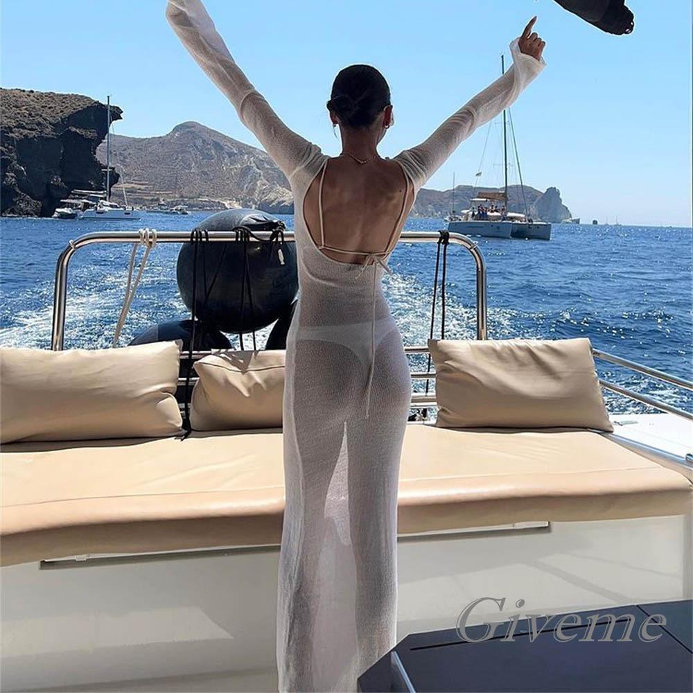 Đầm Maxi Tay Dài Thiết Kế Hở Lưng Xuyên Thấu Quyến Rũ