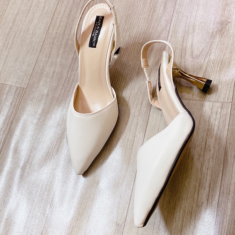 Giày cao gót nữ/ giày công sở (ẢNH THẬT) dáng chun sau Pun Shoes gót mạ vàng nhọn cao cấp.