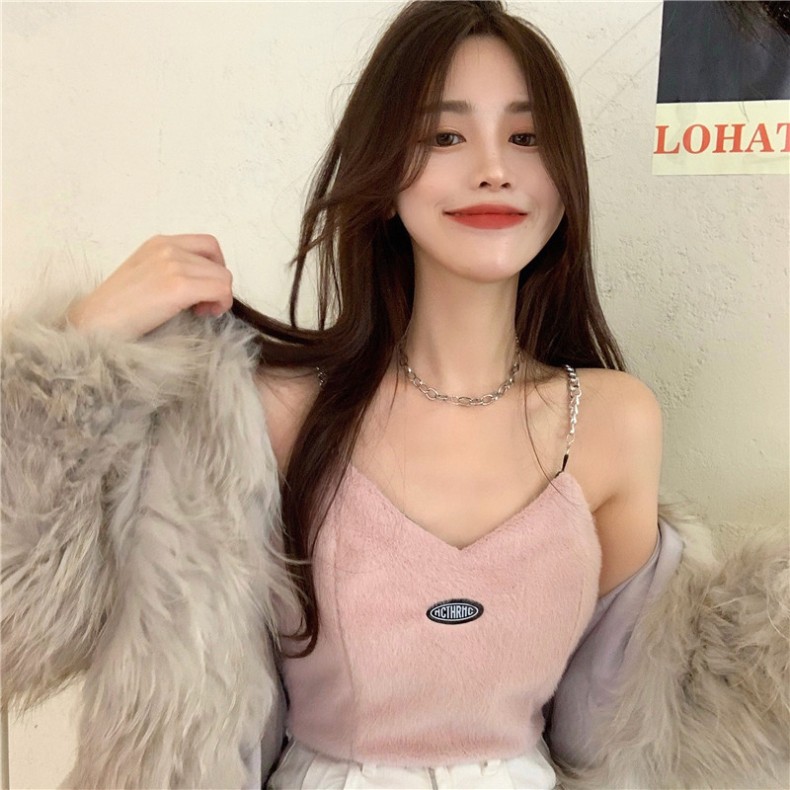 Cocory vn Áo croptop không tay dáng ôm phối lông phong cách quyến rũ cho nữ