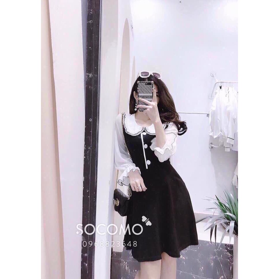 ĐẦM XÒE ĐEN PHỐI TAY TRẮNG CỔ BÈO