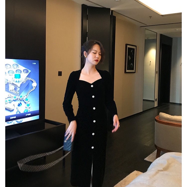 Đầm Dài Ôm Eo Tay Dài Phong Cách Pháp Cổ Điển Thời Trang Thu Đông Hàng Mới Dành Cho Nữ