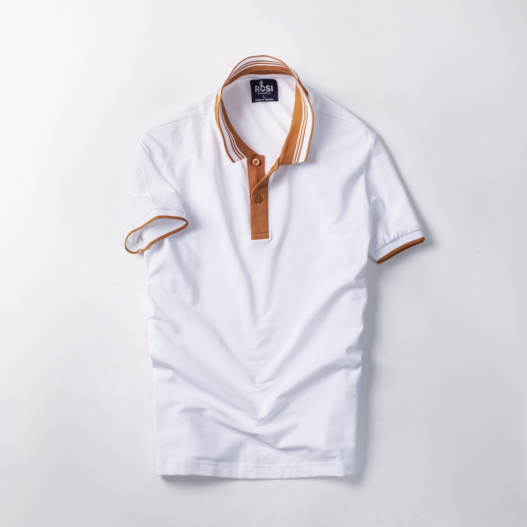 Áo thun nam cao cấp Rosi PL03 cổ polo tay bo ngắn,vải cotton cá sấu phối màu cam trắng,dáng ôm (Slimfit) trẻ trung.