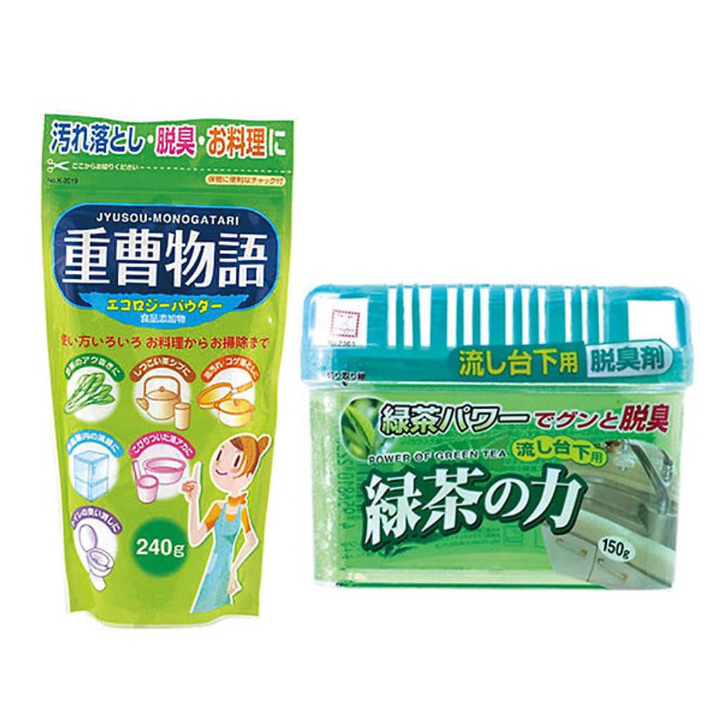 Combo Bột Baking Soda rửa vết bẩn, nấu ăn 240g + Hộp khử mùi ngăn tủ bếp hương trà xanh nội địa Nhật Bản
