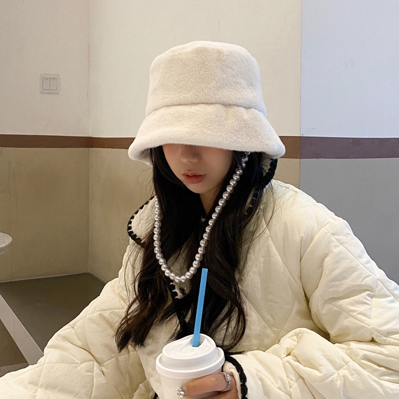 Mũ xô MG STUDIO phối lông thiết kế chuỗi ngọc trai tùy chọn màu sắc