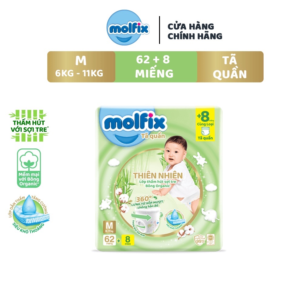 Tã/bỉm quần Molfix Thiên nhiên Super Jumbo M (6kg 11kg) Gói 62+8 miếng