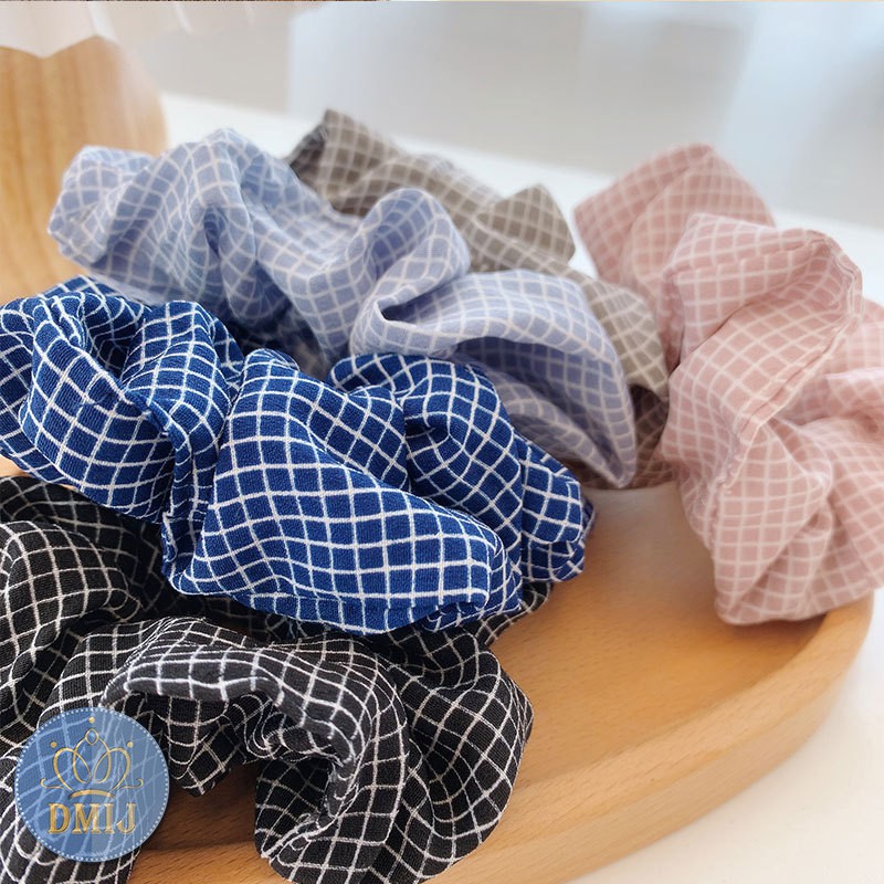 Cột Tóc Vải Scrunchies Họa Tiết Caro Nhỏ Phong Cách Vintage