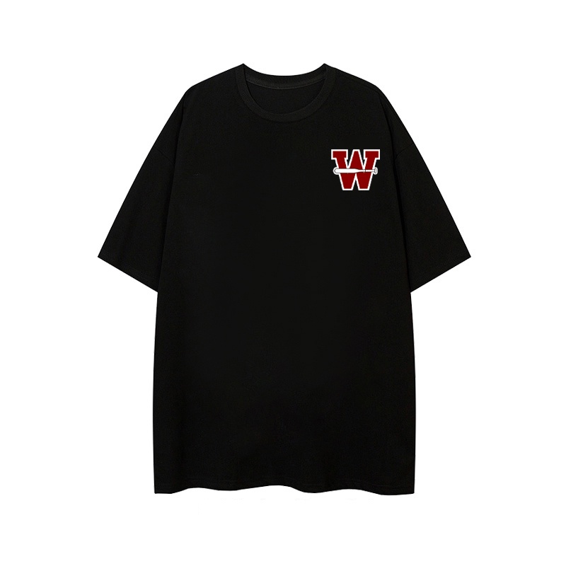 Áo phông rộng nữ W vintage cổ tròn đen áo unisex áo thun tay lỡ 100% cotton