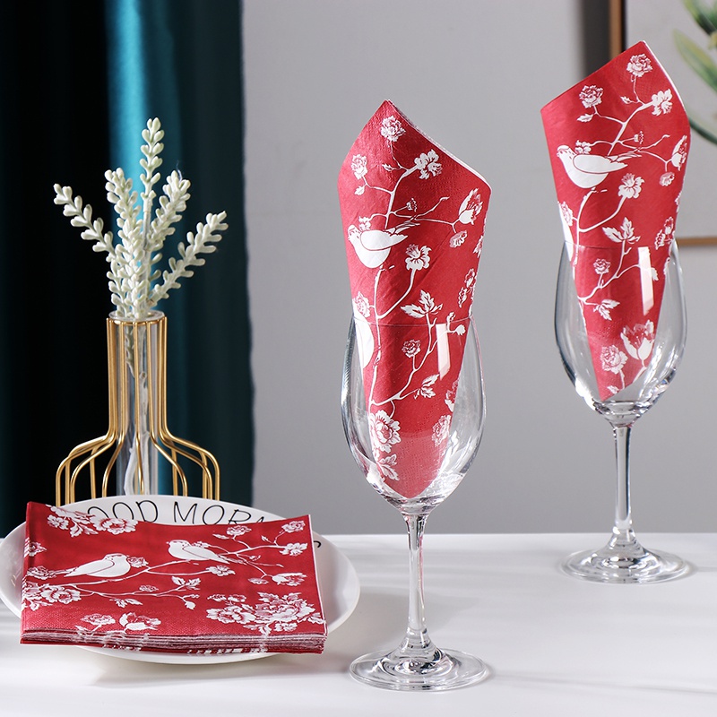 Bộ 20 Khăn Ăn In Họa Tiết Đỏ Phong Cách Trung Quốc Dùng Trang Trí Sự Kiện &amp; Tiệc