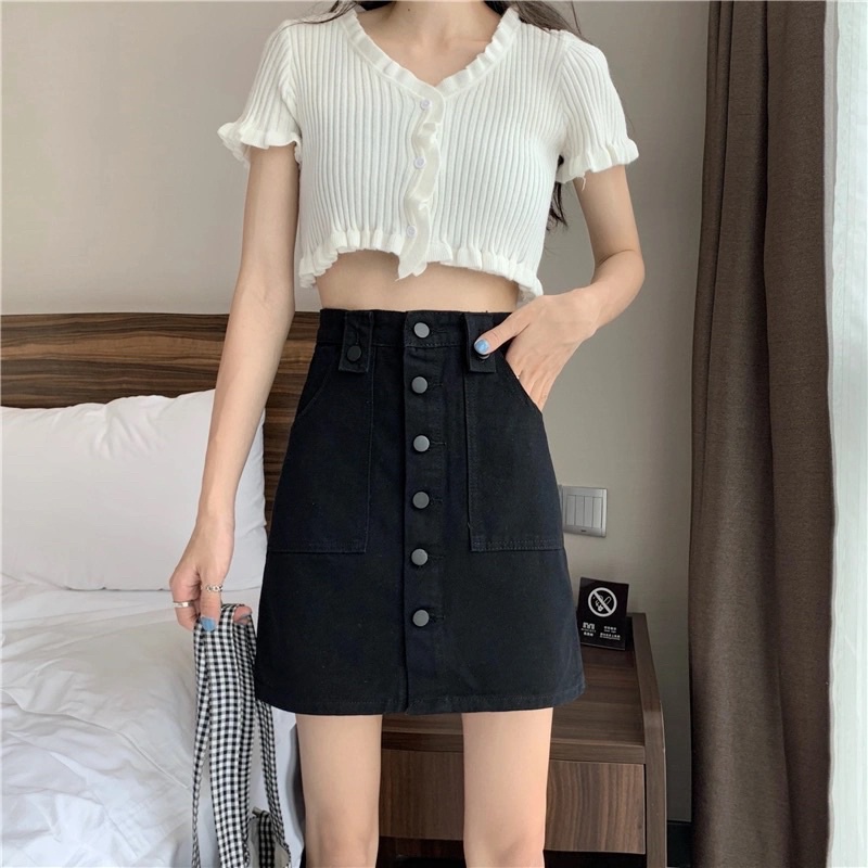 Chân Váy Jean Nữ Màu Đen Dáng Chữ A Phối Hàng Cúc Có Quần Trong Loại 1 Hàng Quảng Châu Chất Đẹp Cá Tính Năng Động Basic