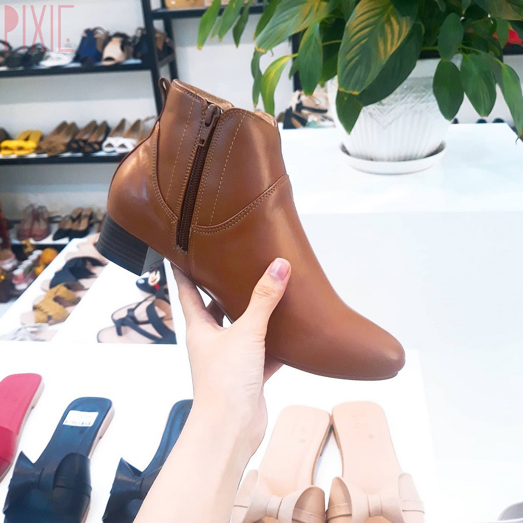 [Mã FASHIONMALLT4 giảm 15% đơn 150k] Giày Boot Thấp 3cm Cổ Ngắn 2 Dây Kéo Da Bò Thật Pixie P697