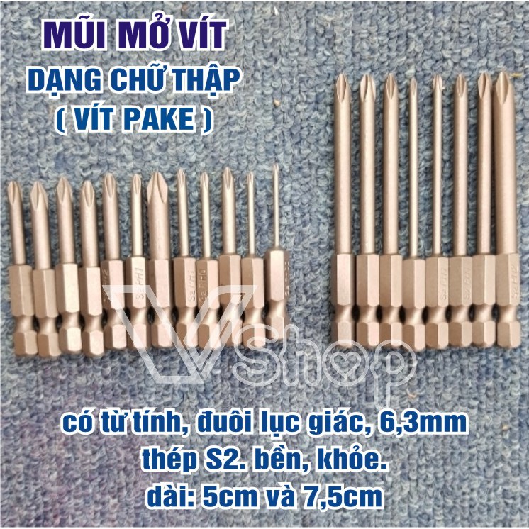 Bộ mũi mở vít pake, dạng chữ thập. đuôi lục giác 6,3mm. Dùng cho máy bắn vít, máy khoan cầm tay. .Vshop.