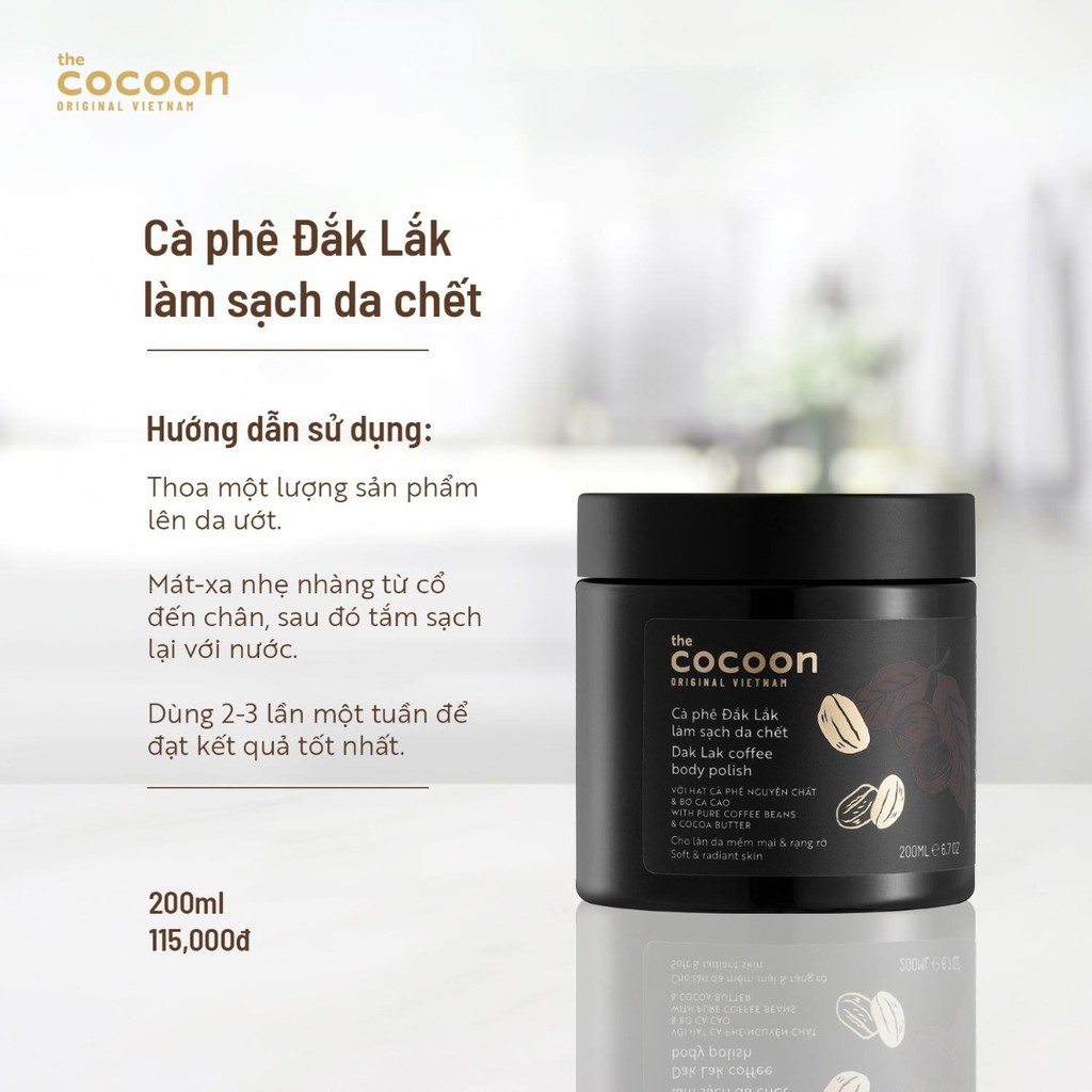 Combo chăm sóc body tẩy da chết và kem dưỡng thể café Cocoon, sản phẩm tự nhiên, an toàn giúp da mịn màng, tươi khỏe