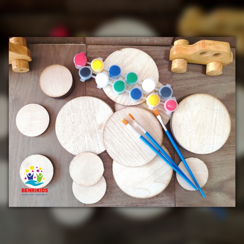 Combo Cho Bé Tập Làm Họa Sĩ, Bộ 10 Miếng Gỗ Tròn Kèm Cọ Vẽ+ 6 Hũ Sơn Acrylic An Toàn Cho Bé