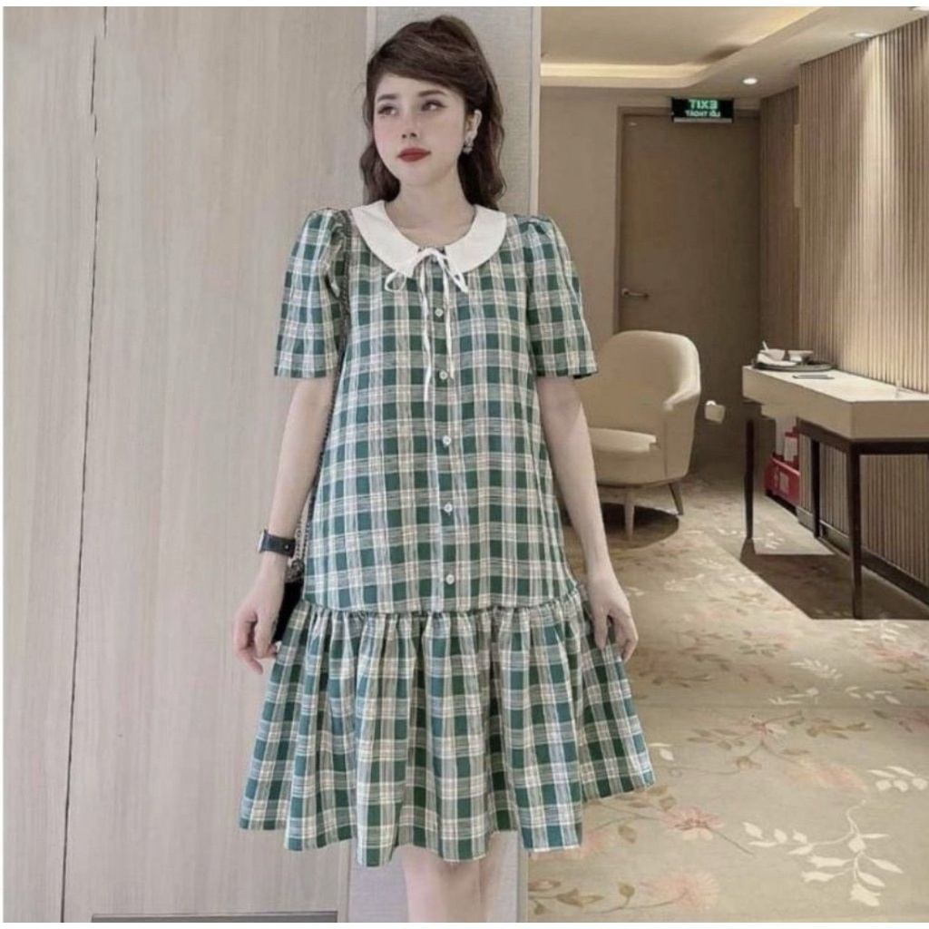 Váy Bầu Xinh Đầm Bầu Caro Cổ Cánh Sen Tay Ngắn Chất Đũi Mềm Mát Thấm Hút Mồ Hôi A087 Lin Store66
