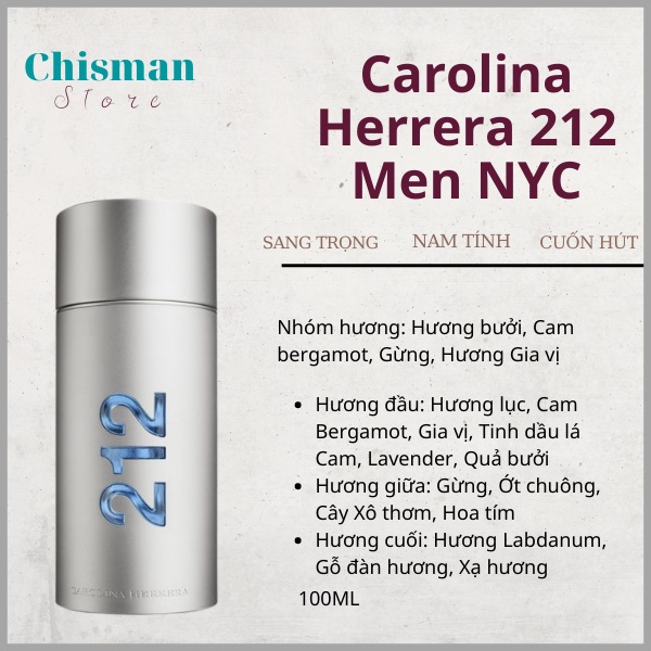 Nước hoa nam 212 Men NYC dung tích 100ml - Dầu thơm nam tính mạnh mẽ  sang trọng - Chisman