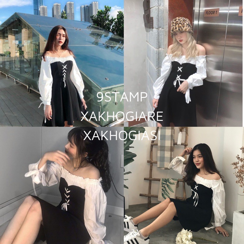 (SẴN- CLIP THẬT) Đầm dự tiệc trễ vai đen tay dài bẹt vai hot tiktok