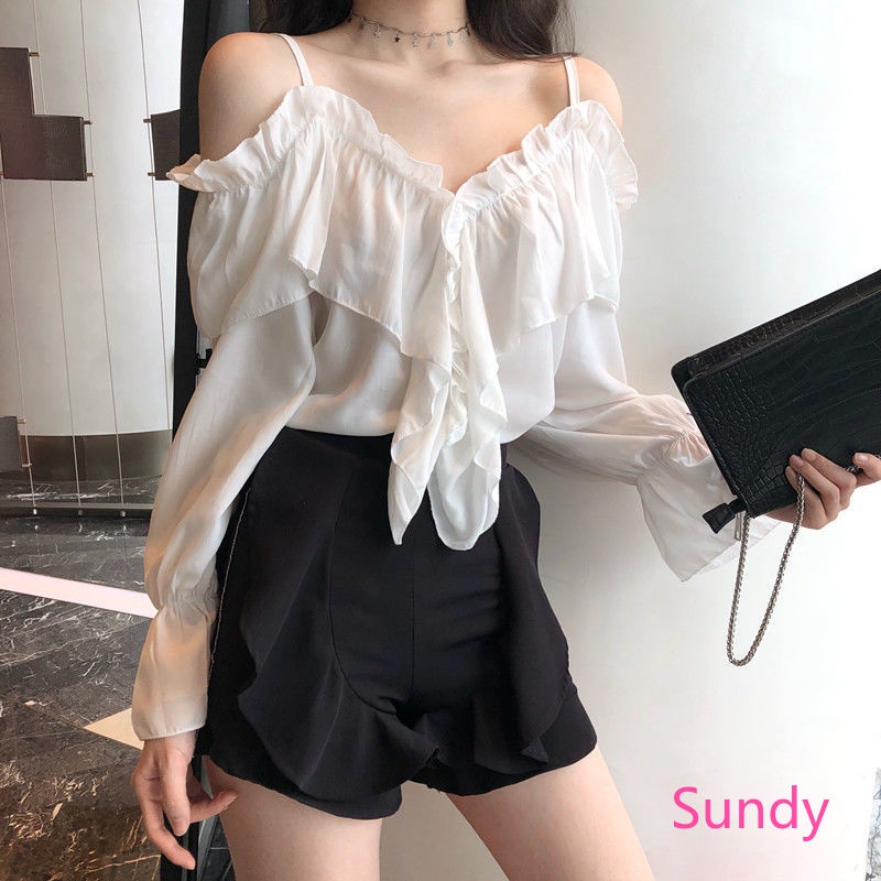 Áo Sơ Mi Voan Tay Dài Cổ Chữ V Phối Bèo Phong Cách Hàn Quốc