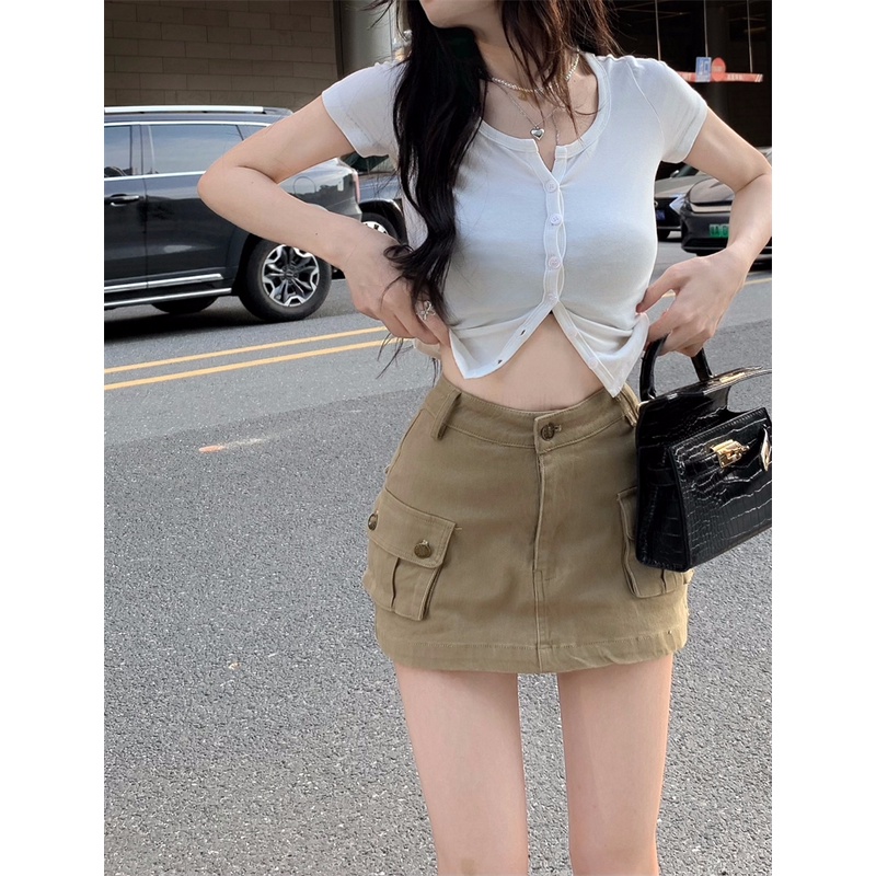 Cocory vn Chân váy jean Kaki Lưng Cao Có Túi Trẻ Trung Năng Động Cho Nữ