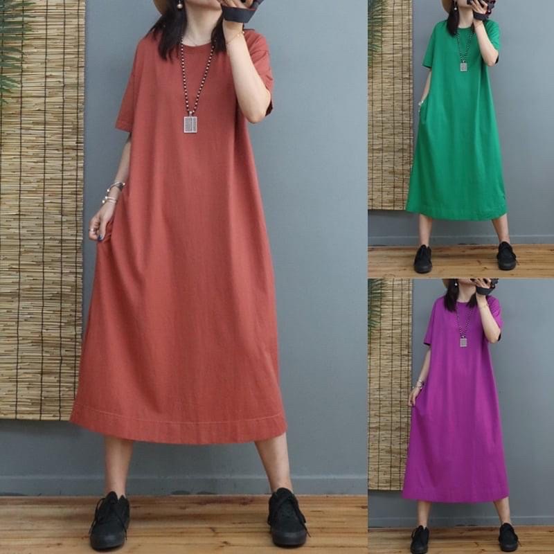 Đầm suông chất cotton cổ tròn trơn có túi freesize dáng dài - Đầm ngủ thun co dãn from rộng túi hai bên nhiều màu