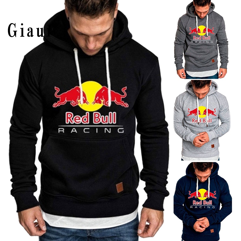 GIAUR  Outdoor Sport Men Red Bull Print Drawstring Hoodie Long Sleeve Hooded Sweatshirt