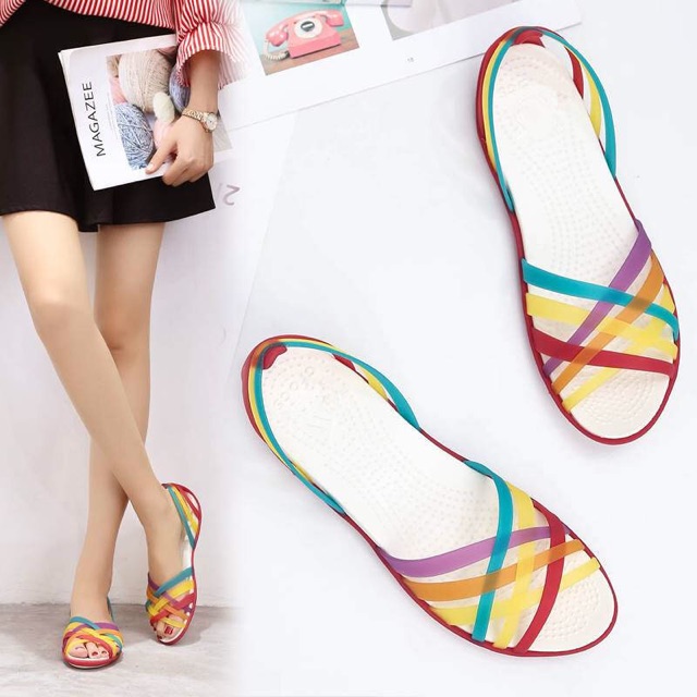 Sandal huarache quai mảnh nhựa mềm màu đỏ trắng cho nữ