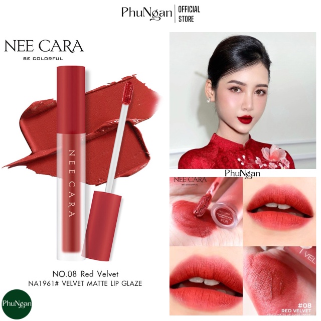 Son kem nhung lì Nee Cara Velvet Matte Lip Glaze Thái Lan màu 08 Red Velvet đỏ thuần