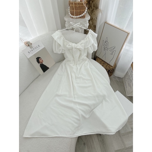 ĐẦM CỔ BÈO NƠ CHÉO DÂY NGỰC MIDI